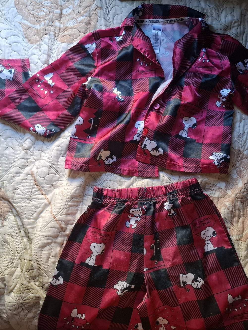 Justice Kids Red & Black Snoopy Plaid Pajama Set